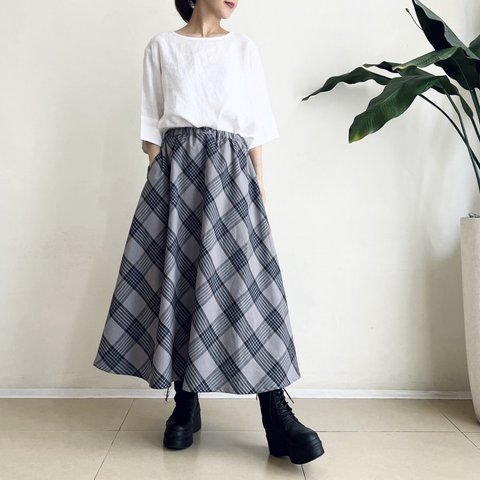 フレアースカート　cotton linen　GreyXNavy タータンチェック