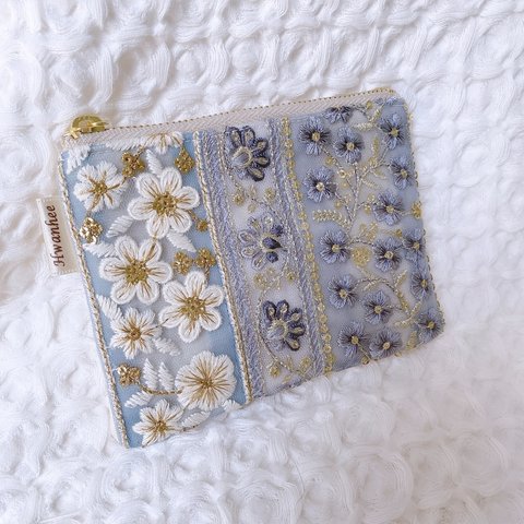  【12cmファスナー】インド刺繍のポーチ　フラットポーチ　母の日ギフト　