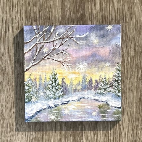 プチキャンバス絵画シリーズ♡アクリル画《原画》✴︎ 雪が降る夕暮れの森 ✴︎