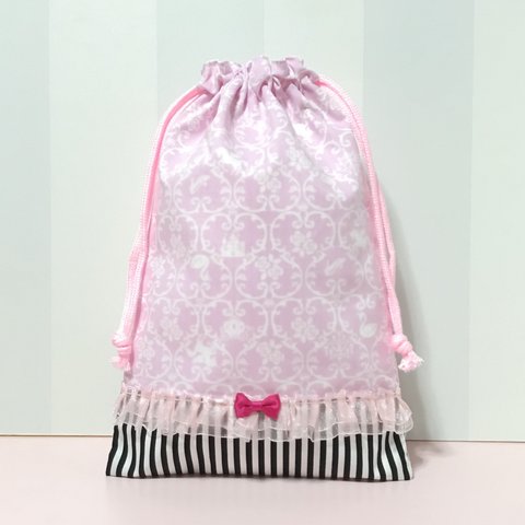 ハンドメイド ●巾着●シューズケース●上履き入●プリンセス♡ダマスク♡ピンク