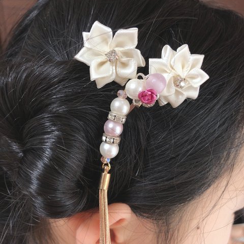 ピンクバラパールヘアピンミニかんざし