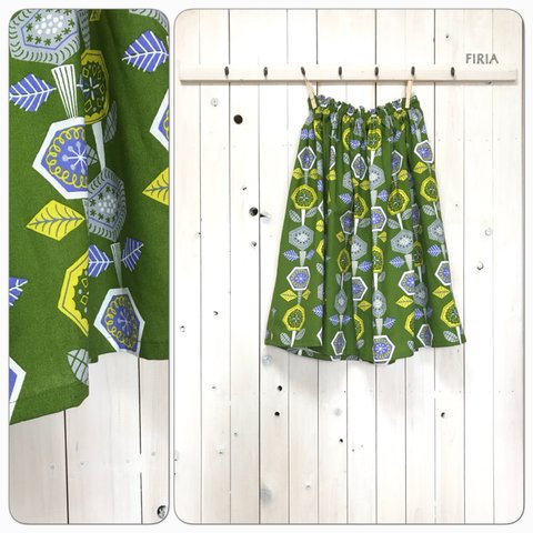 北欧の花のふんわりギャザースカート☆コットンリネン【基本丈72センチ】グリーン