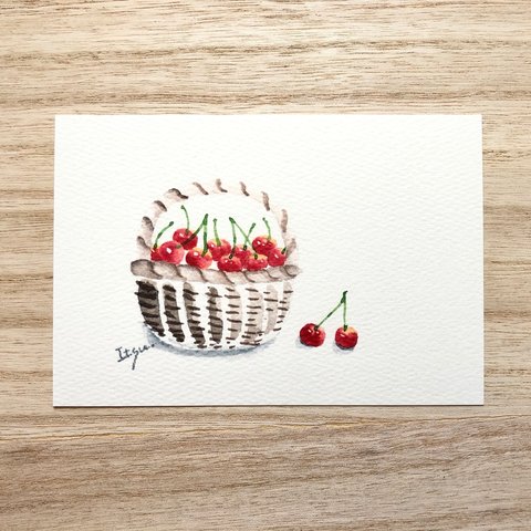 🍒透明水彩画「さくらんぼ」イラストポストカード２枚セット フルーツ サクランボ　キッチン　キッチン雑貨　🍒