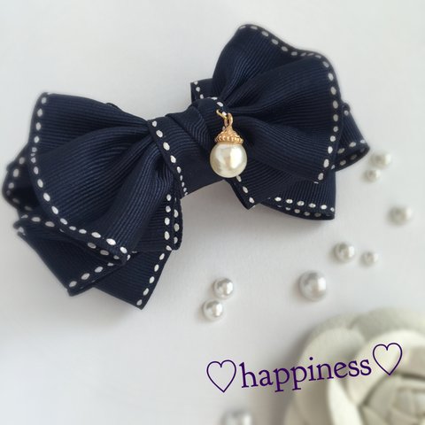 ♡happy dress ribbon♡バレッタ♡ネイビーステッチ♡揺れるパール♡再販42