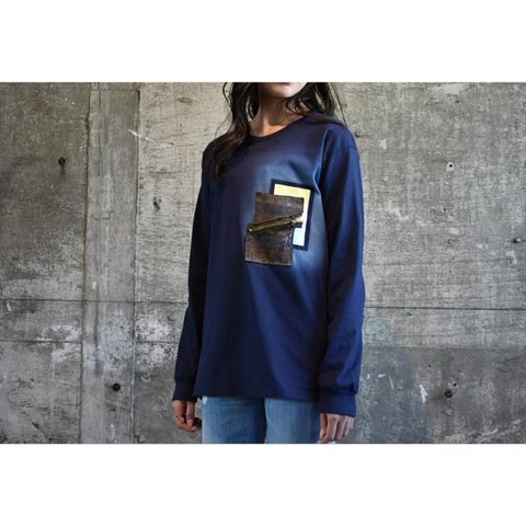 京都発【Rinceaux】ランソー  日本格子古織物 REMAKE POCKET T-SHIRTS  ハンドメイド 紺Tシャツ NAVY