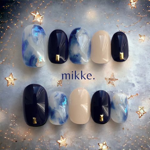 【 カラー変更無料 】ネイルチップ〔 mikke. 〕 / 大理石 ネイビー ニュアンス