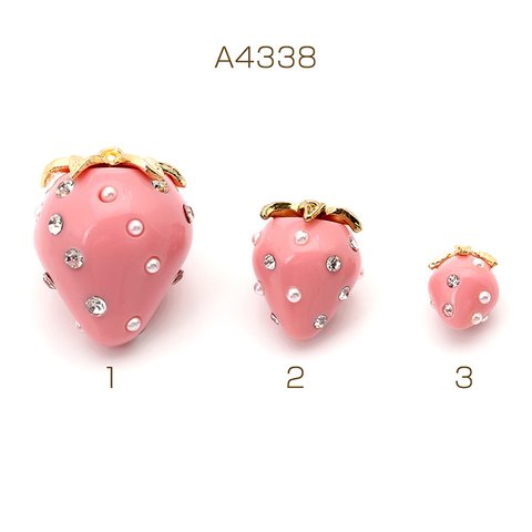 A4338-3  12個  いちごチャーム 樹脂製イチゴチャーム かわいいフルーツチャーム 苺チャーム パール＆ラインストーン付き ゴールド×ピンク  3X（4ヶ）