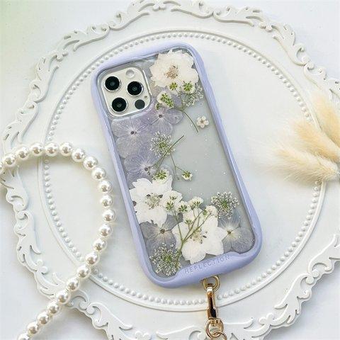 iFace風紫陽花押し花スマホケース、iPhone全機種対応、ストラップホルダ一、手帳型、iPhone14、iPhone14 Pro、iPhone14 Max、iPhone13