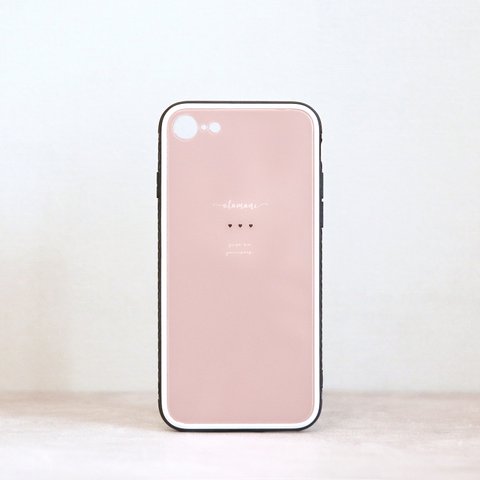 【iPhone7以降】名入れ ガラスケース ピンク くすみカラー ニュアンスカラー