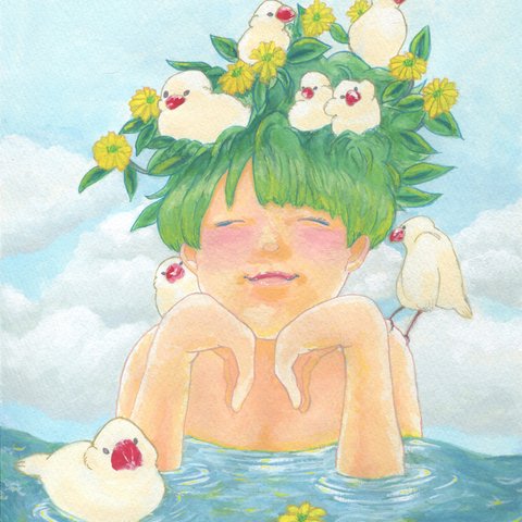 【手描き原画】水、文鳥、にこにこ