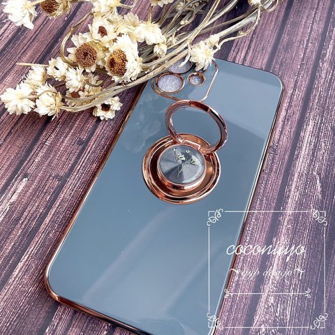 iphoneケース スマホケース リング付き 押し花 ドライフラワー くすみ ブルー 青 かすみ草 スマートフォン カスミソウ イニシャル入