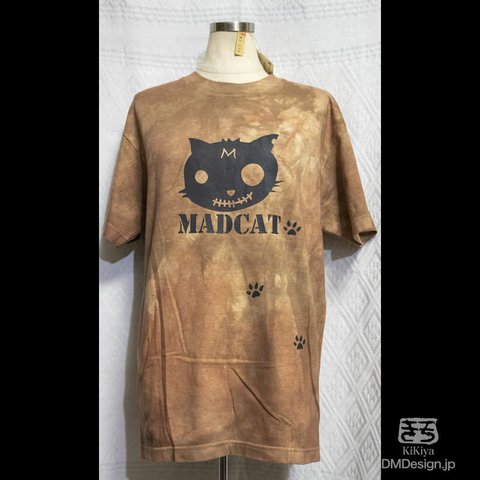 (M)手染め+プリント一点もの「薄茶」MADCAT黒猫Tシャツ（1-176）