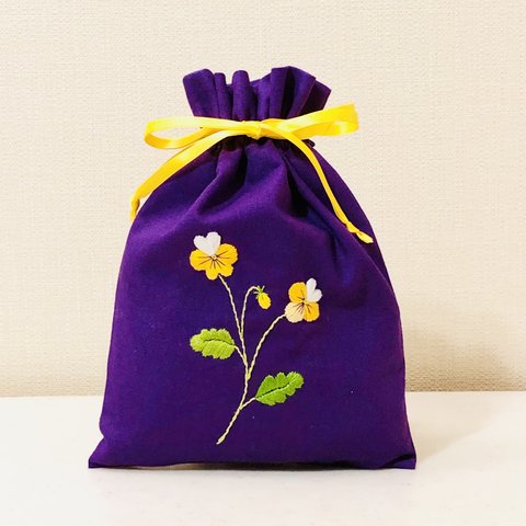 SALE 刺繍 黄色いビオラ 巾着 ポーチ ＜イエローリボン＞　花