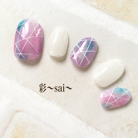 モザイクネイル☆ピンク・ブルー・パープル/ステンドグラスネイル/幾何学模様