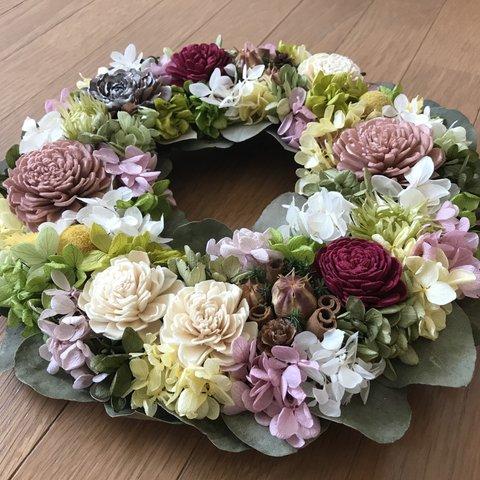 《母の日ギフト》💐シックでお洒落なくすみピンクのフラワーリース30cm（値下げしました＊1点限定）