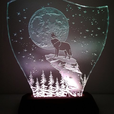 星月夜・オオカミ　エッチングパネル Mサイズ・LEDスタンドセット 
