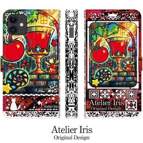 【魅惑のトマトジュース】猫 油絵 iPhone 手帳型 スマホケース 携帯ケース 送料無料 赤テクスチャー