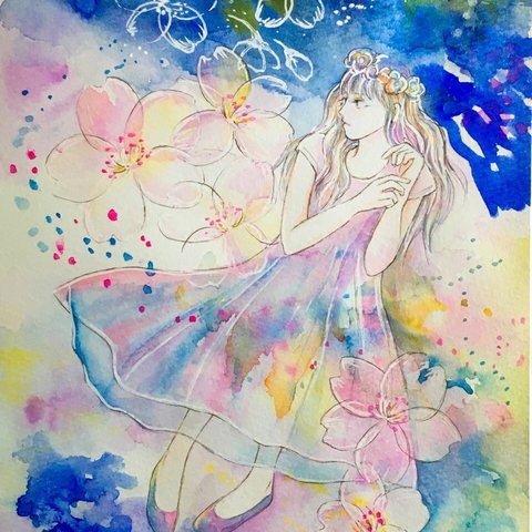 <水彩原画>桜と少女