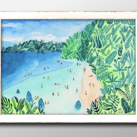 13843　■　A3　アートポスター『パラダイスビーチ　海水浴』絵画　イラスト　デザイン　マット　北欧