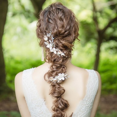 フラワー＆リーフモチーフのヘッドドレス セット ヘアアクセサリー ヘッドアクセサリー ブライダルアクセサリー 結婚式に