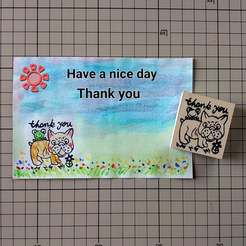 消しゴムはんこ「フレンチブルドッグ・カエ・thank you」