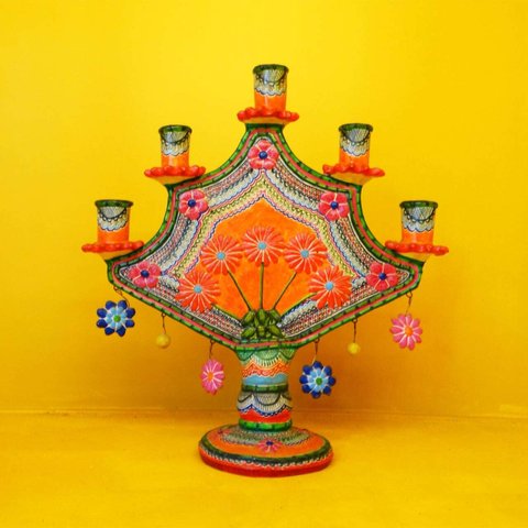 Vintage Mexican folk art tree of life candleholder