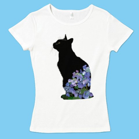 黒猫とあじさいTシャツ レディースタイプ［対応サイズ:S～XL］