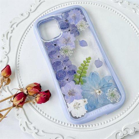 紫陽花のiFace風押し花スマホケース、iPhoneのみ対応、手帳型、iPhone15、iPhone15 Pro、iPhone15plus、iPhone14、iPhone14 plus、iPhone8