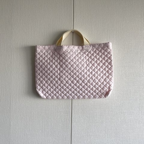 【rose bag small】うすいローズカラーギンガムチェックのキルティング生地で作ったレッスンバッグ（少し小さめサイズ）　