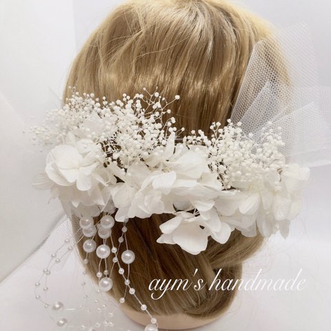 ＊純白の花嫁髪飾り＊プリザーブドフラワーヘッドピース＊ウェディング ブライダル 結婚式 前撮り 和装 白無垢 成人式 卒業式＊