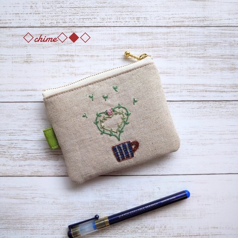 フラットミニミニポーチ💛刺繍　コーヒーカップ　