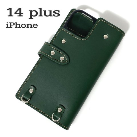 送料無料 手帳型 スマホケース iPhone 14 plus 用 スマホショルダー ハードカバー 革 グリーン