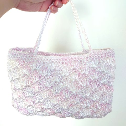 ビニールバッグ 松編み シェル ピンクパープル 編み 手編み 編み物