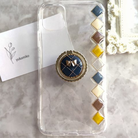 秋冬カラー クリアYellowスマホリング付きスマホケース iPhone/Android Galaxy XPERIA