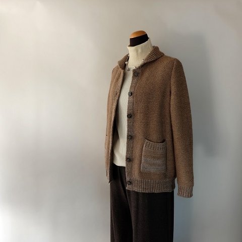 秋冬 英国羊毛毛糸のヨークカ―ディガンーピンク系