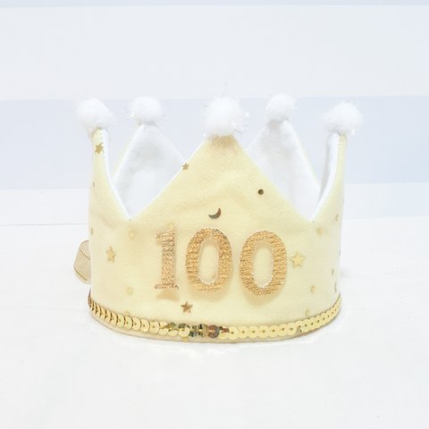 星柄チュール×スパンコール　ベビークラウン　ベビーイエロー　100日　祝い用　王冠