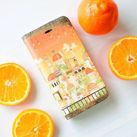 「オレンジの宮殿」iPhone14・14pro・13mini・12・11・7/8/SE・MAX・XR手帳型スマホケース【内側デザイン入り】