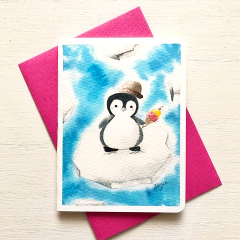 🐧透明水彩画　2枚セット「ペンギンのおやつタイム 」イラストミニカード  バースデーカード    メッセージカード　暑中見舞い　母の日カード　父の日カード🐧