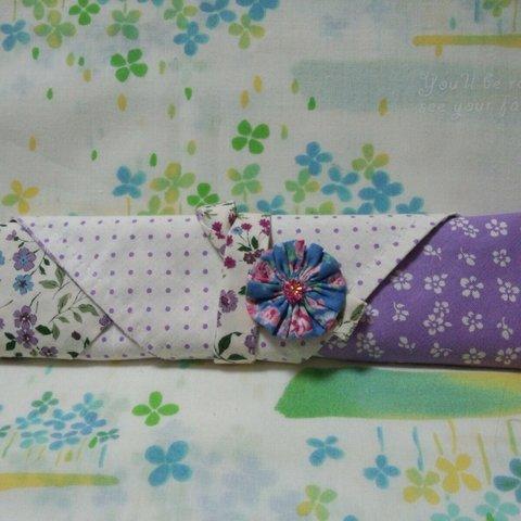 手縫い☆花紐付き箸入れ　扇子入れ　紫花柄＆ドット小花