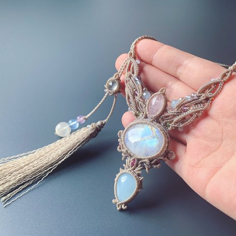 rainbow moonstone × morganite × aquamarine / macrame necklace #マクラメネックレス#