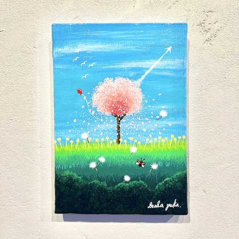 アクリル画　原画　作品名「ある春の日」桜の絵　春の絵　優しい絵　