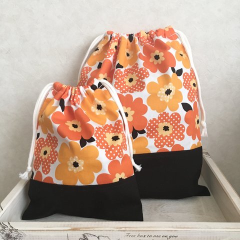 オレンジ花柄☆きんちゃく袋 巾着袋 2枚セット