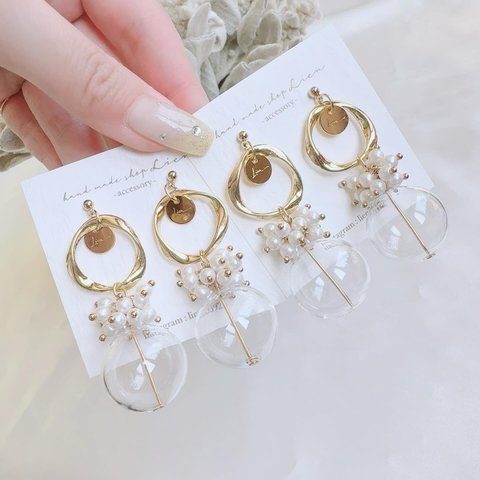 glass ball×pearl ピアス/イヤリング 