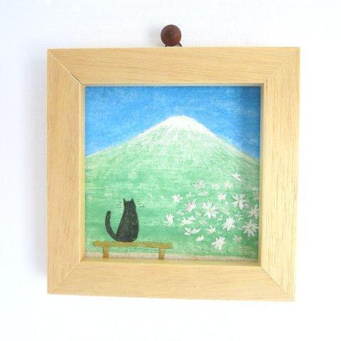 【日本画原画】富士山とコスモスと黒猫　インテリアアート　ミニアート　パネル　ミニ額縁付き