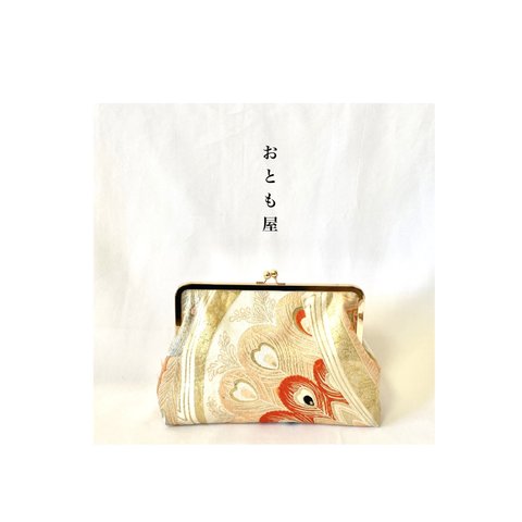 おとも屋　絹帯バッグ　パーティーバッグ　孔雀　ハート　金　赤　アヴァンギャルド　和　モダン　和装着物　日本文化　伝統　華