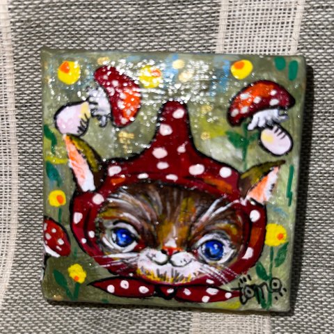 🍄猫　ミニチュアキャンバス絵