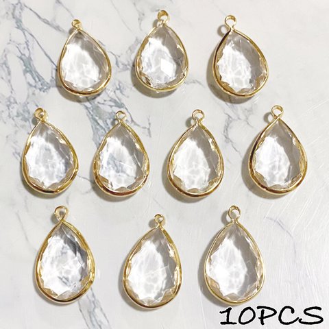 10個 ジュエリードロップチャーム クリア×ゴールド ジュエルカット アクリル (20×12mm) 121KI603