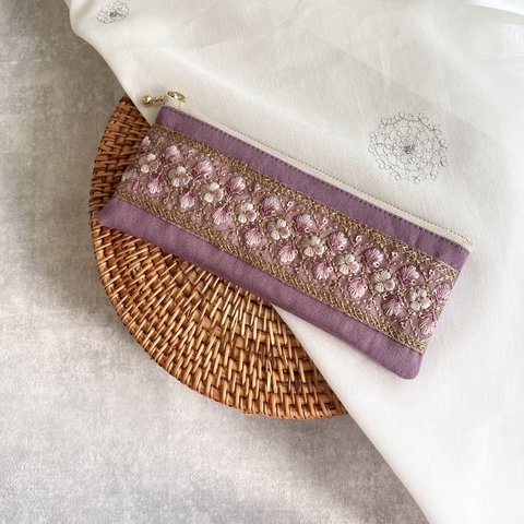 インド刺繍×帆布/フラットタイプ ペンケース・ペンポーチ