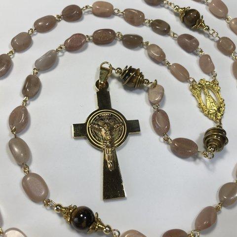 ロザリオ【１点物】(165)サンストーン＆タイガーアイ カトリック Rosary,Catholic,Prayer Beads,Jesus Christ Crucifixion CrossPendant