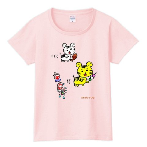 和菓子大好き虎次郎：プリントスターTシャツ（レディース：ライトピンク）